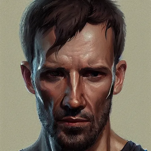 Image similar to Portrait of a man by Greg Rutkowski, he is about 40 years old, southern slav features, messy brown short hair, strong and tall, tired expression, he is a black tank top, highly detailed portrait, digital painting, artstation, concept art, smooth, sharp foccus ilustration, Artstation HQ.