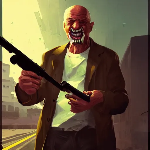 Image similar to old man portrait, grenade in his teeth, flat background, greg rutkowski gta san andreas art