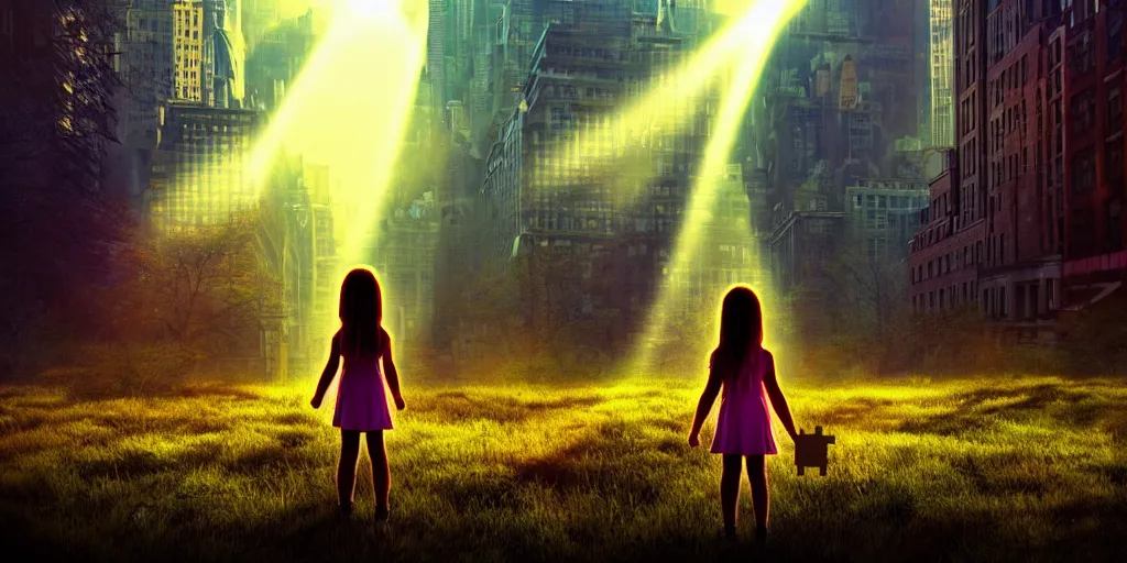 Image similar to sci - fi scene future new york cityscape, little girl in manhattan holding hand of giant robot, lonely girl, forest punk, crepuscular rays, epic scene, hyper realistic, photo realistic, overgrowth, cinematic atmosphere, ethereal lighting,