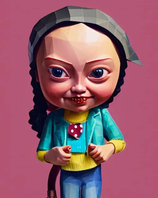Image similar to closeup profile portrait of a low poly tin toy greta thunberg as a gangster's moll in a gambling den, bikini, hyper realistic, artstation, illustration, nicoletta ceccoli, mark ryden, lostfish, max fleischer, digital paint, matte paint, vivid colors, bright, cheerful, detailed and intricate environment