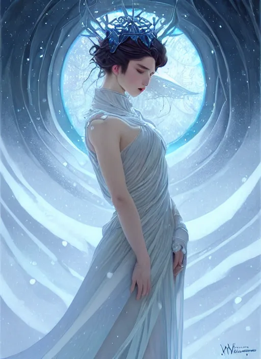 Image similar to a beautiful cinematic female winter goddess, cristal dress, ice wing, galatic shamen with quantum energy fantasy, fantasy magic, undercut hairstyle, dark light night, intricate, elegant, sharp focus, illustration, highly detailed, digital painting, concept art, matte, art by wlop and artgerm and greg rutkowski and alphonse mucha, masterpiece