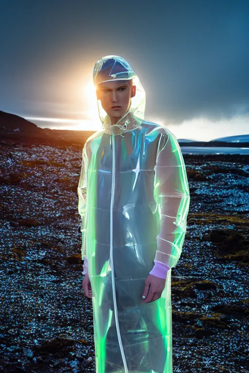 Image similar to an ultra high definition professional high fashion portrait studio full length photograph of a male model wearing a transparent pearlescent raincoat and neon visor in an icelandic black rock environment at dawn. no artefacts. extremely detailed. stark. refraction. shallow depth of field. volumetric light and shadow. ray tracing. light rays.