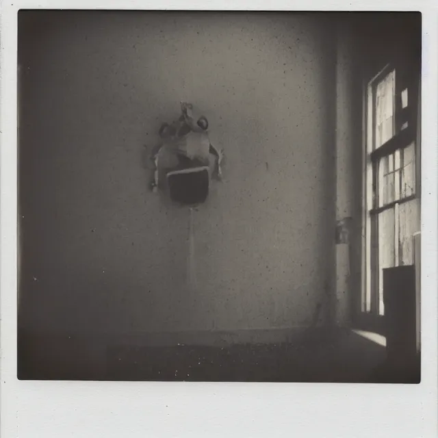 Prompt: found polaroid photo, flash, interior abandoned hospital, spongebob squarepants standing
