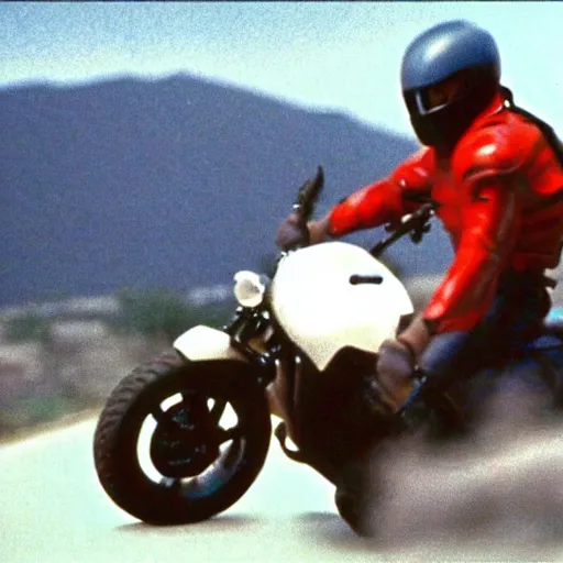 Image similar to Film still of 'Thunder Justice' (1990). Helicopter motorcycle chase scene. Sigma 85mm f/1.4