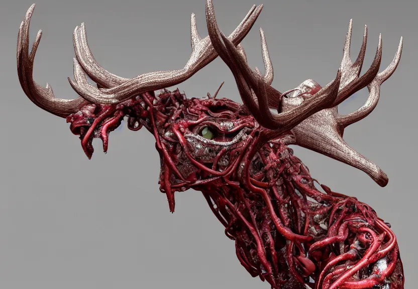 Image similar to stylized shiny polished silver statue full body bizarre extra limbs cosmic horror quadruped animal moose deer skull four legs made of marble of slug worm creature tendrils perfect symmetrical body perfect symmetrical face hyper realistic hyper detailed by johannen voss by michelangelo octane render blender 8 k displayed in pure white studio room anatomical deep red arteries veins flesh animatronic