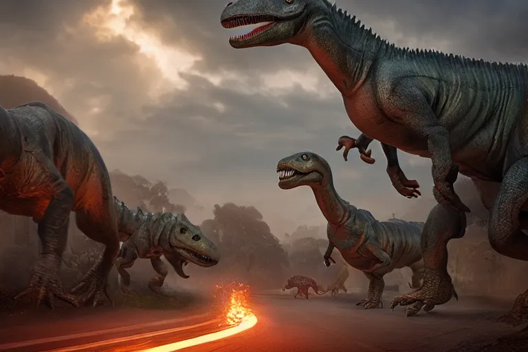 Image similar to dinosaurs parade through town road, hyper realistic, ambient lighting, concept art, intricate, hyper detailed, smooth, dynamic volumetric lighting, octane, raytrace, cinematic, high quality, high resolution, 4 k, cgsociety, rutkowski, gurney, julius csotonyi paleoart