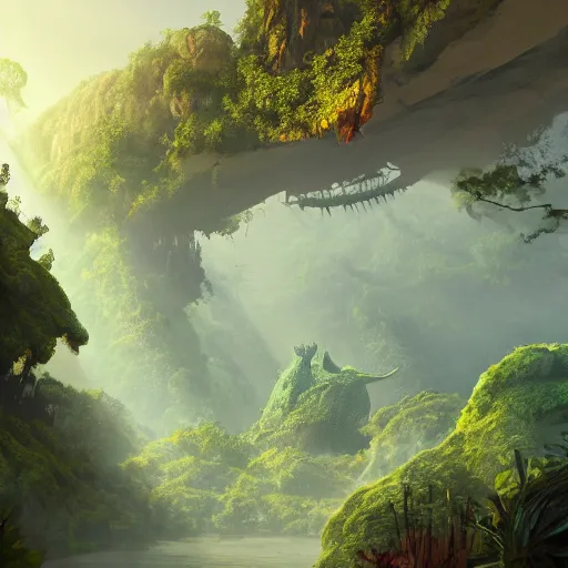 Image similar to Canyon in the jungle with corals and dinosaur dkeletons, 8k, detailed, concept art, trending on artstation