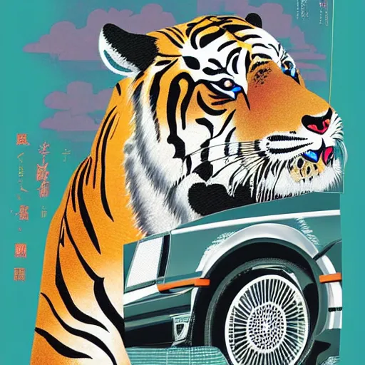 Image similar to a delorean and a tiger, magazine collage, art by hsiao - ron cheng and utagawa kunisada