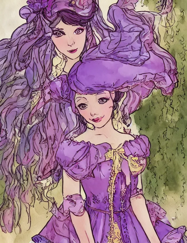 Prompt: middle eastern princess of the wisteria springs, wearing a lolita dress. this heavily stylized watercolor painting by an indie comic artist has an interesting color scheme, plenty of details and impeccable lighting.