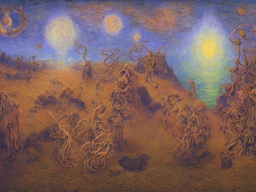 Prompt: the wacky sailors in the vapid ayahuasca desert realm. painting by monet, alex grey, bosch, jan van eyck, beksinski, alfred kubin