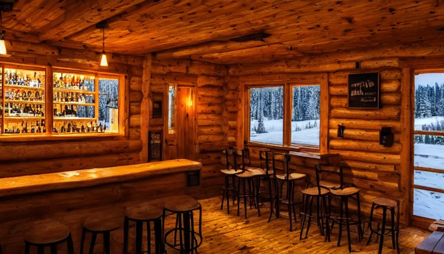 Image similar to empty cozy bar in small cabin, warm, outside winter landscape