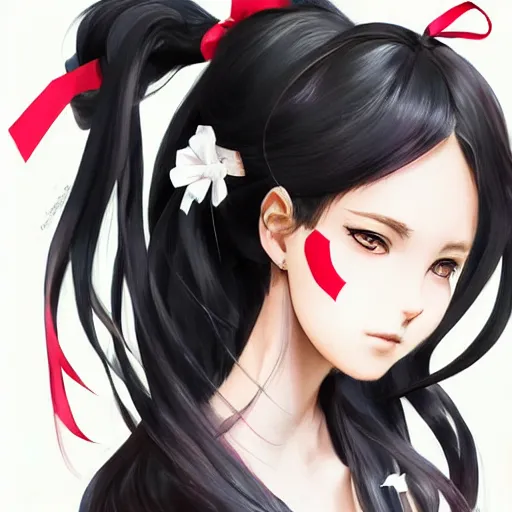 Image similar to luxury advertisement, astonishing portrait of a very beautiful anime high-school girl with black hair ponytail, white ribbon, full perfect face, realistic, highly detailed background, artstation, 120 degree view, drawn by Sasoura, Satchely and Akihiko Yoshida, no distortion