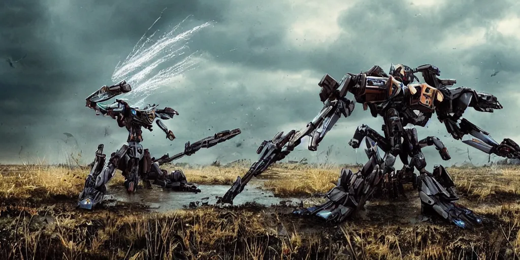 Image similar to a powefull spider shapped battle mecha with a rail gun turet, rockets lauchers, plasma gun, in a battlefield, mud, water, swamp, reeds, natural light, war phtography, by annie leibowitz