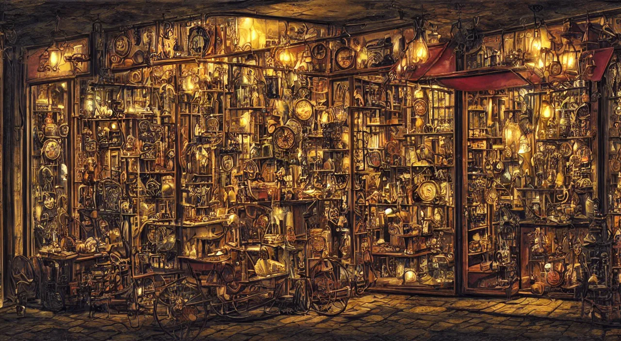 Prompt: steampunk shop window by guido borelli da caluso, darkness, neon lights, photo realistic, completely filled with interesting oddities, things hanging from ceiling, light bulbs