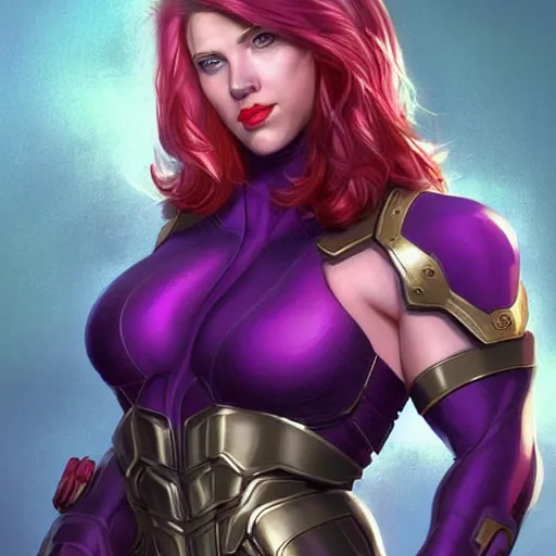 Prompt: scarlett johansson as thanos, feminine beautiful muscular fitness model wearing armor, purple skin, red lips, strong jaw, pin up, attractive, highly detailed upper body portrait, pretty face, elegant, breathtaking art, concept art, by artgerm and ilya kuvshinov