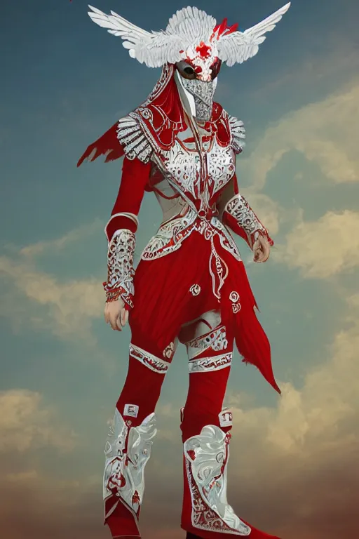 Image similar to female adventurer in tight full - body white embroidered leather armor of vyshyvanka design with red accents and a red porcelain crow mask, trending in artstation, ukrainian, artstation, big moon in the background, establishing shot