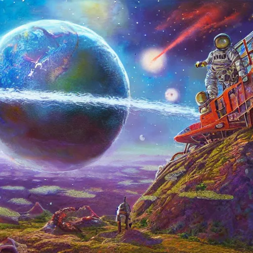 Image similar to astronauts land on ancient post - apocalyptic planet, jim henson creature shop, vivid and colorful, thomas kincaid, cinematic, oil painting, highly detailed, illustration