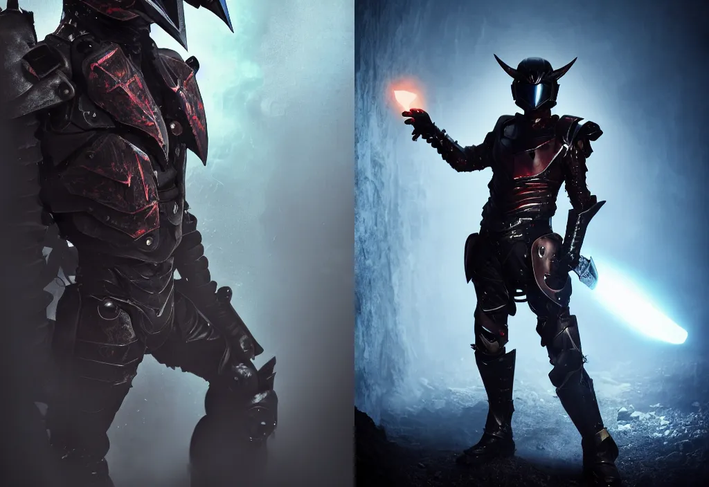 Prompt: character portrait of a high fantasy kamen rider gunslinger standing in an abandoned coal mine, glowing eyes in helmet, glowing eyes, demonic dragon inspired armor, dark colors, tense atmosphere, misty room, dramatic lighting, good value control, matte painting, minimal artifacts, sharp focus, 8 k, rubber suit, pvc armor, dramatic lighting, frank frazetta