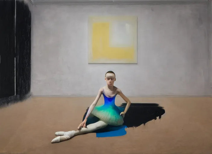 Image similar to portrait of nervous young girl ballerina sitting on the floor focusing in a dance hall by beeple and hernan bas and francis bacon and pat steir and hilma af klint, psychological, photorealistic, symmetrical face, dripping paint, washy brush, matte painting, rendered in octane, altermodern, masterpiece