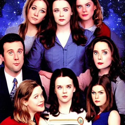 Image similar to gilmore girls in space movie poster from 1 9 9 0 s