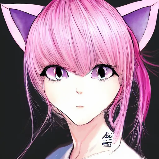 Prompt: A full headshot portrait of a woman with cat ears and pink hair, By shirow masamune, WLOP, Avetetsuya Studios, colored sketch anime manga panel, trending on artstation, pixiv art, smooth, artgem, elegant, highly detailed, pixiv trending, anime inspired, by studio trigger, attractive character