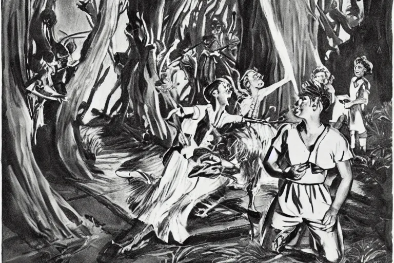 Prompt: a rodney greenblat illustration of a scene from in the peter pan ( 1 9 5 3 )