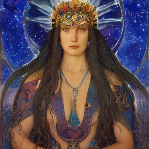 Image similar to queen of the moon with stars in her hair, by annie swynnerton and tino rodriguez and donato giancola and nicholas roerich and jean delville and diego rivera, dramatic lighting, god rays, geometric tattoos, rich colors, smooth sharp focus, extremely detailed, adolf wolfli