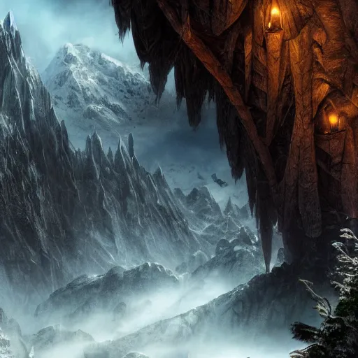 Prompt: Still of Erebor from the Hobbit, matte painting