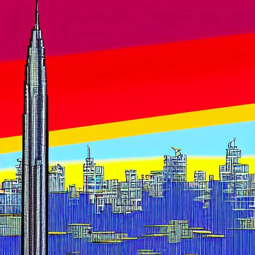 Prompt: red - yellow - blue building, skyscraper shaped like rocket ship, aquamarine windows, megatall building, tallest building in history, peak of building above clouds, anime, 2 0 0 1 anime, colorful building, cel - shading, cel - shaded