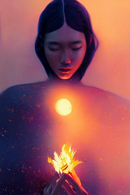 Prompt: 3 d, night, sun rays, close - up, fashion model, bonfire, fireflies, vogue cover style, poster art, high detail, intricate oil painting, multiple exposure, hyperrealism, 3 d, by tooth wu and wlop and beeple and greg rutkowski