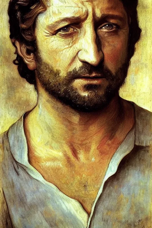 Image similar to actor gerard butler, by bouguereau and gauguin