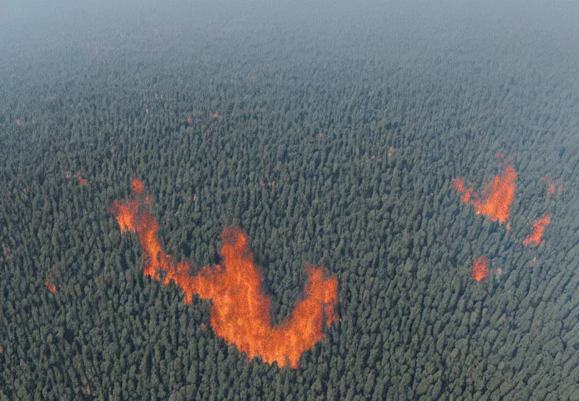 Image similar to overhead view of an large area with forest fires, pollution, climate change, octane render,