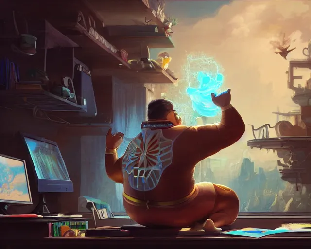 Image similar to an insanely detailed painting of a slightly chubby, nerdy asian man wearing a superhero costume, sitting at a desk, staring at the nervously at the computer and typing, in the style of peter mohrbacher, dramatic lighting and composition, octane render, pixar, trending on artstation, concept art, comic book, view from behind