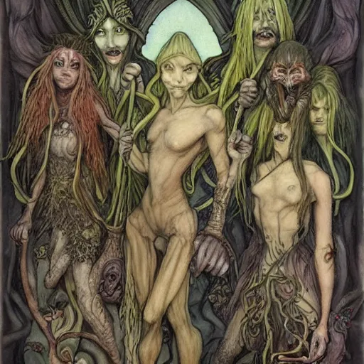 Prompt: a monsterous scary inhuman group of fully clothed fae with animalistic features by brian froud with art nouveau influence