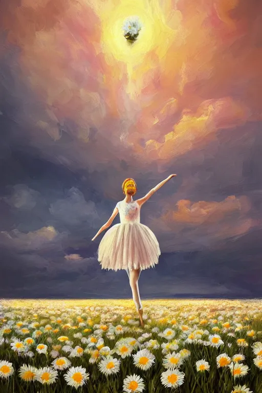 Prompt: giant white daisies flower as head, girl ballet in a flower field, surreal photography, sunrise, dramatic light, impressionist painting, colorful clouds, digital painting, artstation, simon stalenhag
