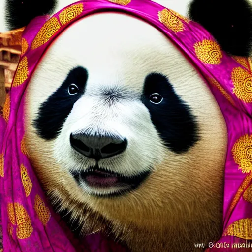 Prompt: an animal Panda wearing traditional indian saree, sony a7, photo realistic, 8k