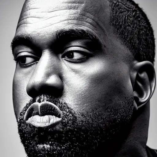 Image similar to the face of kanye west wearing yeezy clothing at 4 3 years old, portrait by julia cameron, chiaroscuro lighting, shallow depth of field, 8 0 mm, f 1. 8