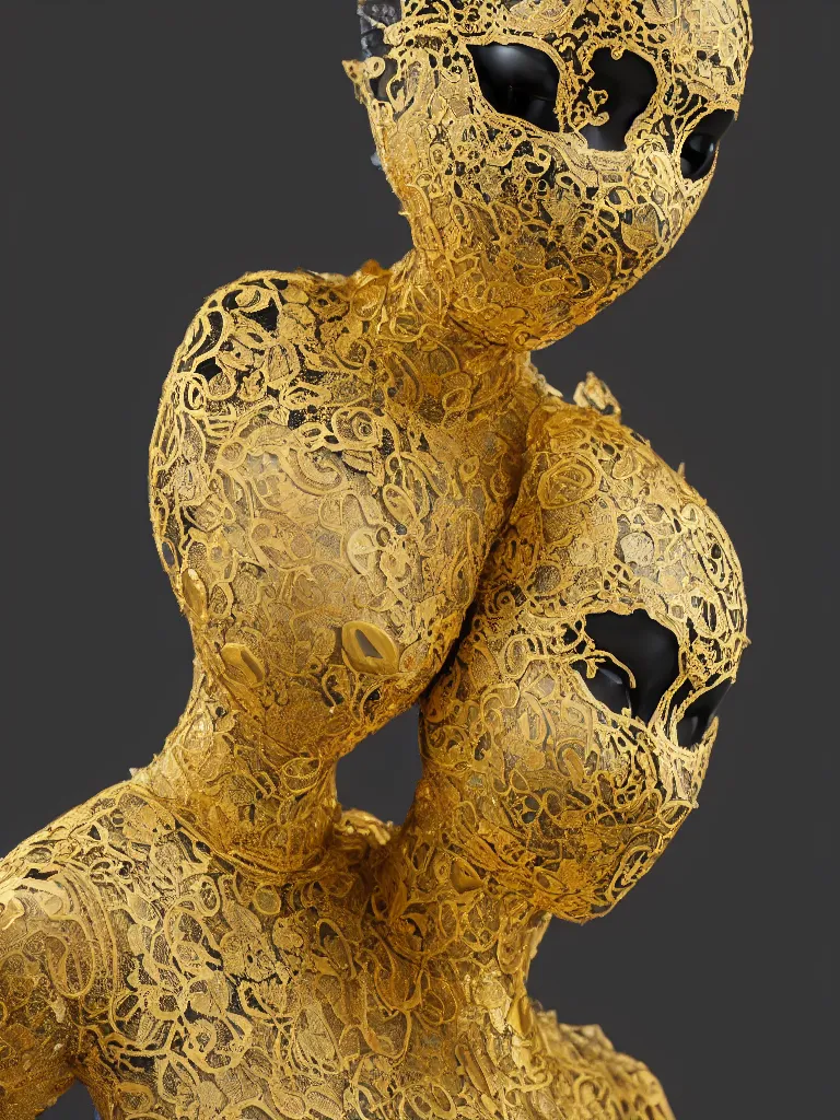 Image similar to a beautifully sculpted mannequin made of onyx with gold lace masquerade face mask, ornamented, opulent, kintsugi, confident, serene desert setting, innovative avant - garde art, photorealistic portrait, crisp quality and light reflections, clean linework, finely detailed, 4 k, rule of thirds, trending on artstation, volumetric lighting, octane render