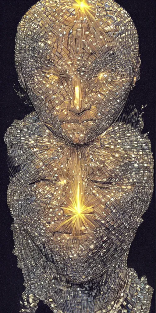 Image similar to a face made of diamonds with light shinying through it, michael kaluta, charles vess and jean moebius giraud