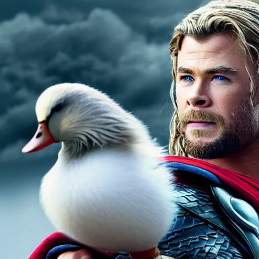 Image similar to chris hemsworth as thor holding a duck, highly detailed, realistic face, 4k, hd