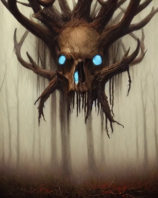 Image similar to oil painting of forest spirit made out of wooden sticks with a deer skull for a face, dark forest, fog, dark fantasy, gloomy, pale colors, by greg rutkowski