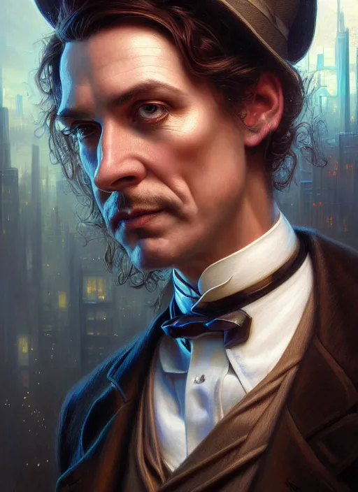 Image similar to closeup portrait shot of a victorian detective in a scenic cyberpunk mystery environment, intricate, elegant, highly detailed, centered, digital painting, artstation, concept art, smooth, sharp focus, illustration, artgerm, tomasz alen kopera, peter mohrbacher, donato giancola, joseph christian leyendecker, wlop, boris vallejo