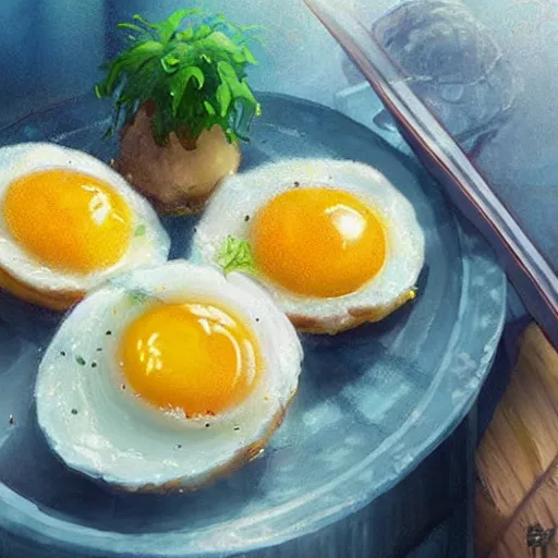 Image similar to Fried eggs made from dragon eggs, fantasy art, art by Makoto Shinkai