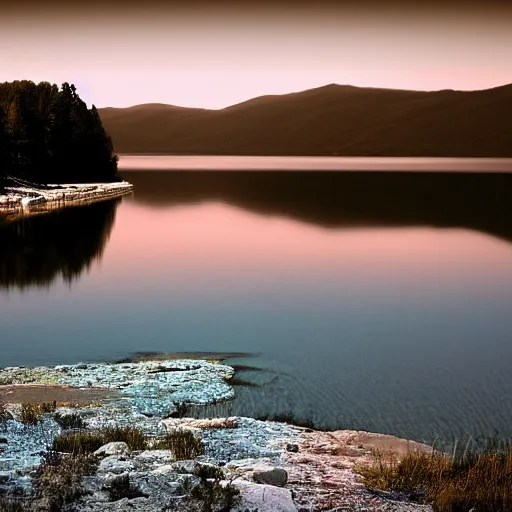 Prompt: ealy 2 0 0 0 s digital photo of a lake at midnight