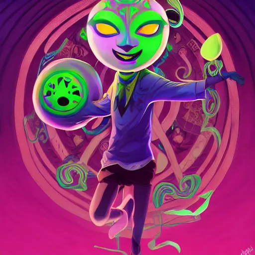 Image similar to a logo of the happy mask salesman majora's mask, art by lois van baarle and loish and ross tran and rossdraws and sam yang and samdoesarts and artgerm and saruei and disney, digital art, highly detailed, intricate, sharp focus, trending on artstation hq, deviantart, unreal engine 5, 4 k uhd image