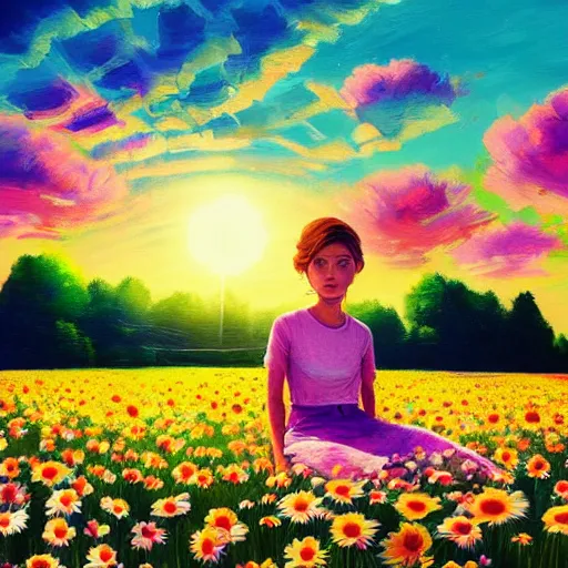 Image similar to giant daisy flower as head, girl sitting in a flower field, surreal photography, sunrise, dramatic light, impressionist painting, colorful clouds, digital painting, artstation, simon stalenhag