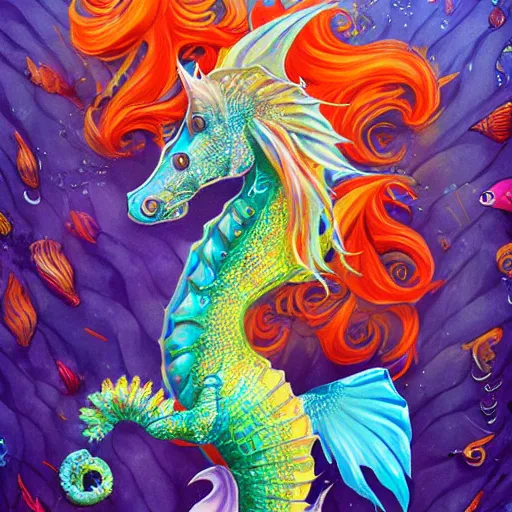 Image similar to merfolk riding seahorses, trending on artstation, colorful, intricate, art by aurore folny and senjon 津