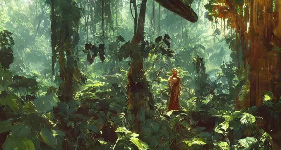 Image similar to beautiful jungle, dappled light, intricate, elegant, highly detailed, greg manchess, mucha, liepke, ruan jia, jeffrey catherine jones, ridley scott