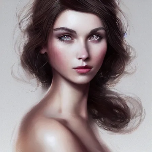 Image similar to elegant young brunette woman, Cottagecore, full face frontal centred, very detailed, portrait, high contrast, soft lighting, shallow focus, RossDraws, Rene Lalique, trending on artstation