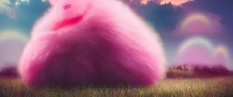 Image similar to a fuzzy teddy bear painted by Mike Winkelmann, fluffy clouds, pink girl, cotton candy, dreamy soft, rainbow
